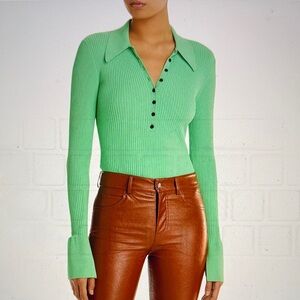 A.L.C. Vibrant Green/LimeEleanor Ribbed Polo Top/Sweater Long Split Bell Sleeve
